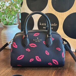 Kate Spade Madison Lip Toss Print Small Duffle Crossbody Black / Red Kisses
